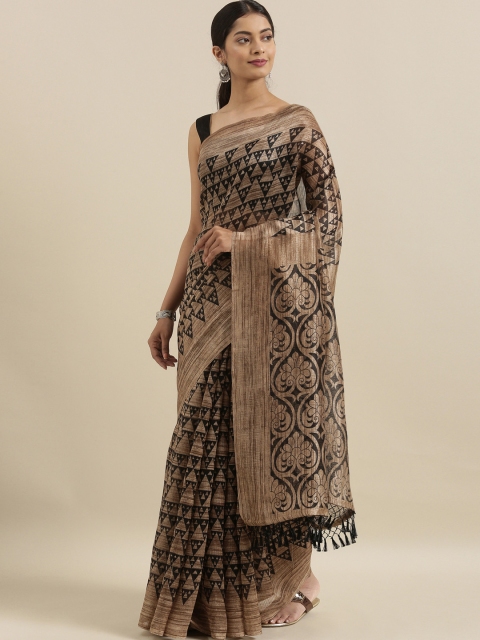 

The Chennai Silks Beige & Grey Polyester Printed Bhagalpuri Saree with Matching Mask