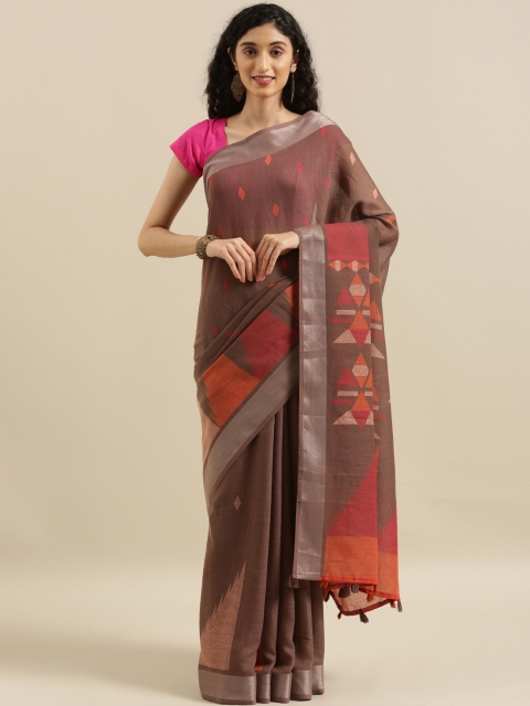 

The Chennai Silks Brown & Orange Linen Blend Printed Saree