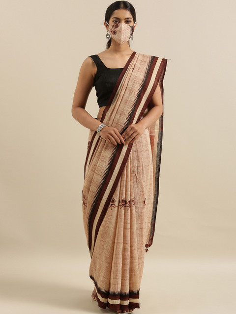 

The Chennai Silks Cream-Coloured & Brown Polyester Printed Bhagalpuri Saree with Mask