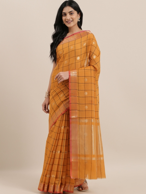 

The Chennai Silks Orange & Black Silk Cotton Checked Maheshwari Saree