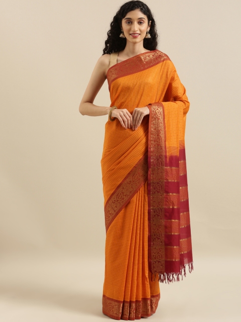 

The Chennai Silks Classicate Orange & Maroon Cotton Blend Checked Gadwal Saree