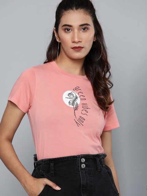 

Kook N Keech Women Pink & Black Typography Print Round Neck Pure Cotton T-shirt