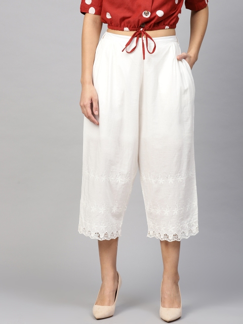 

I AM FOR YOU Women White Straight Fit Schiffli Embroidered Culottes