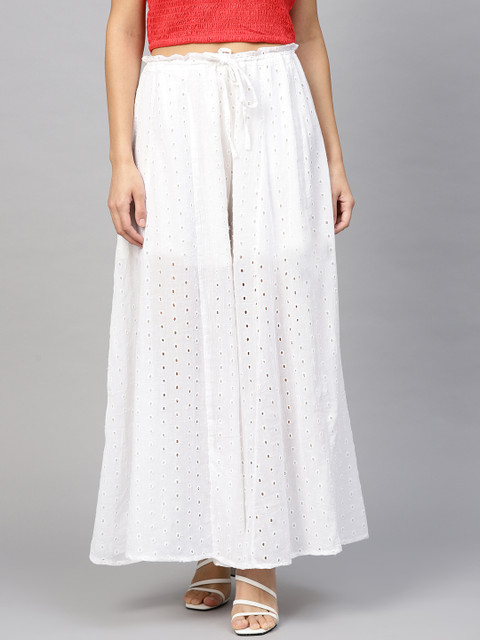 

I AM FOR YOU Women White Schiffli Embroidered Flared Palazzos