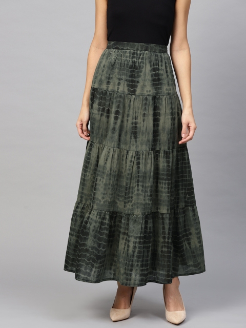 

I AM FOR YOU Women Green & Black Tie & Dye Tiered Maxi Pure Cotton Skirt