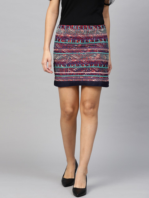 

I AM FOR YOU Women Navy Blue & Pink Embellished Straight Skirt