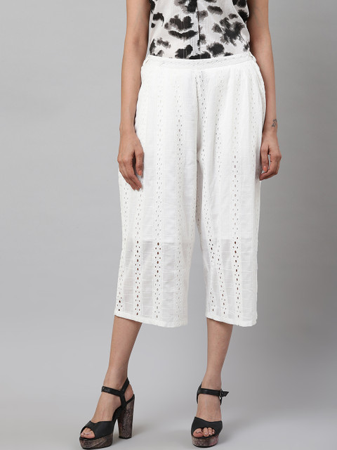 

I AM FOR YOU Women White Self Design Straight Culottes