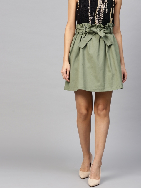

I AM FOR YOU Women Olive Green Solid Twill A-Line Pure Cotton Skirt