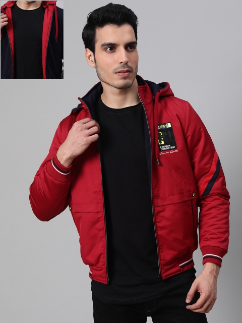 

Fort Collins Men Red & Navy Blue Solid Reversible Bomber Jacket