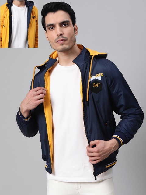 

Fort Collins Men Navy Blue & Yellow Solid Reversible Bomber