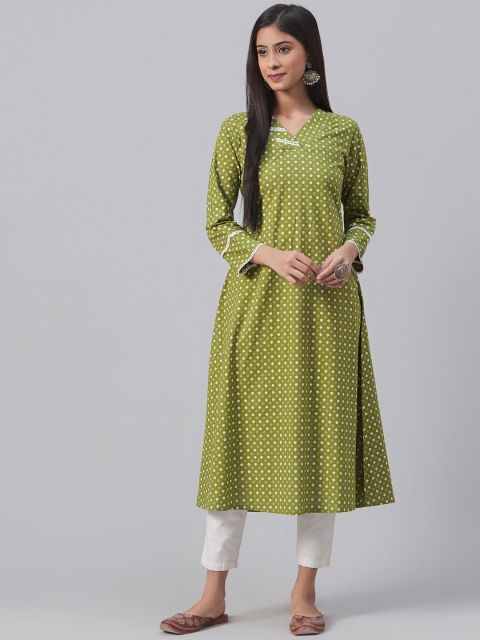 

AHIKA Women Olive Green & White Printed A-line Kurta