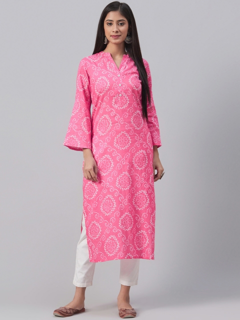 

AHIKA Women Pink & White Bandhani Printed Straight Kurta