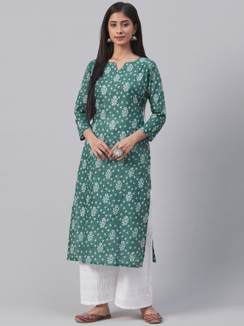 

AHIKA Women Green & White Printed Straight Kurta