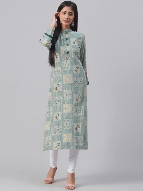 

AHIKA Women Grey & Green Printed Straight Kurta