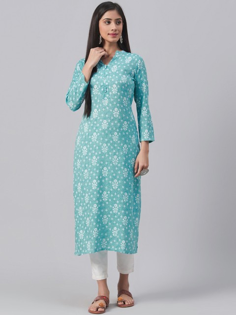 

AHIKA Women Blue & White Ethnic Motif Print Straight Kurta, Turquoise blue