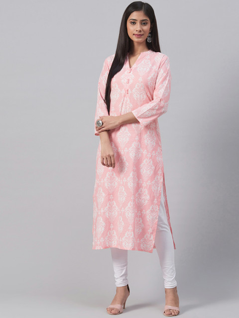 

AHIKA Women Pink & White Ethnic Motif Print Straight Kurta
