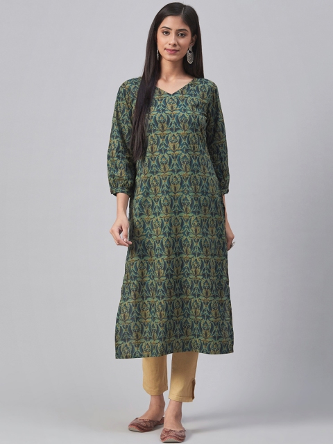 

AHIKA Women Green & Navy Blue Ethnic Motif Print A-line Kurta