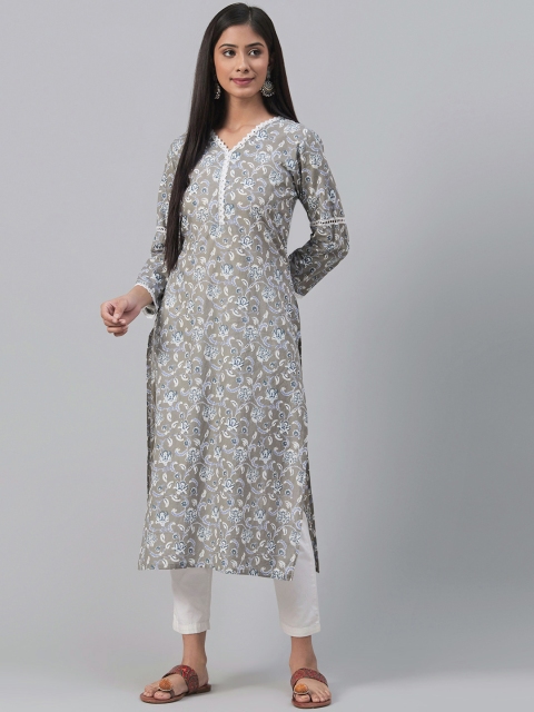 

AHIKA Women Grey & White Printed Straight Kurta