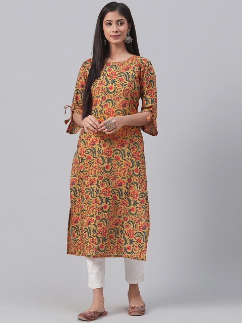 

AHIKA Women Mustard Yellow & Green Floral Print Straight Kurta