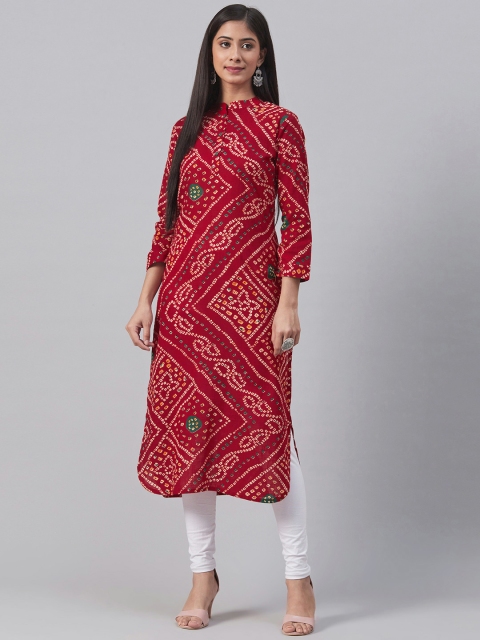 

AHIKA Women Maroon & Beige Bandhani Print Straight Kurta