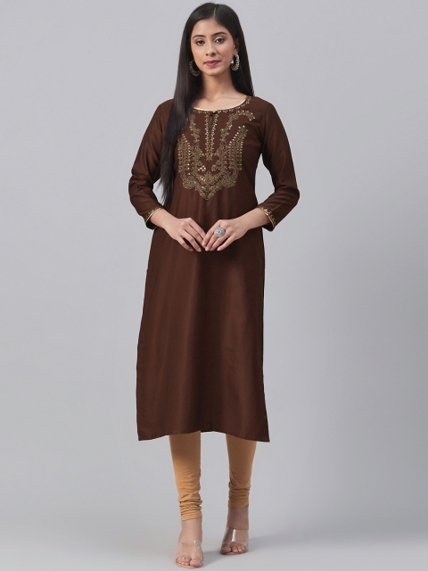 

AHIKA Women Brown Yoke Design Straight Kurta