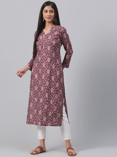 

AHIKA Women Mauve & Off-White Ethnic Motif Print Straight Kurta