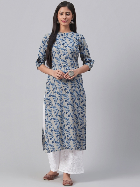 

AHIKA Women Grey & Blue Printed Straight Kurta