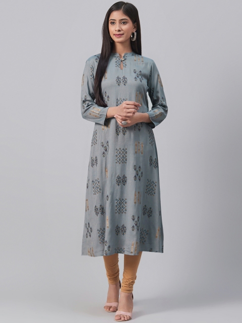 AHIKA Women Blue & Golden Dual Tone Printed A-Line Kurta