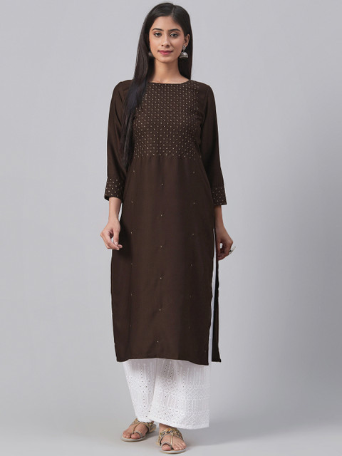 

AHIKA Women Brown Floral Yoke Design Straight Kurta