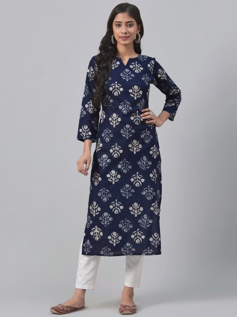 

AHIKA Women Navy Blue & White Printed Straight Kurta