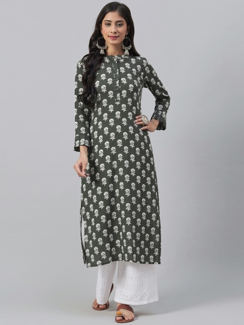 

AHIKA Women Olive Green & White Ethnic Print Straight Kurta