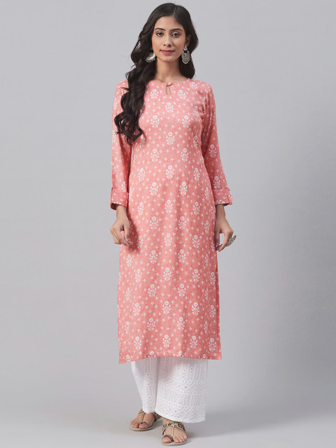 

AHIKA Women Pink & White Printed Straight Kurta