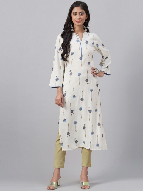

AHIKA Women White & Blue Floral Printed Straight Kurta