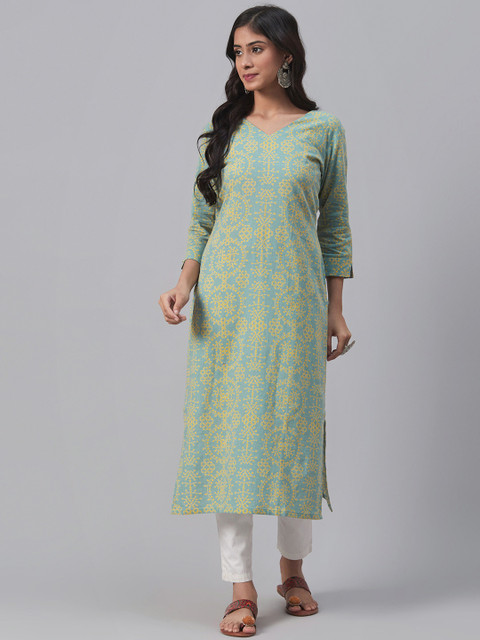 

AHIKA Women Green & Mustard Yellow Printed Straight Kurta