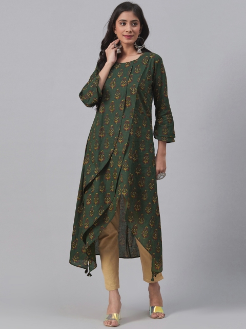 

AHIKA Women Olive Green & Mustard Yellow Ethnic Print A-Line Kurta