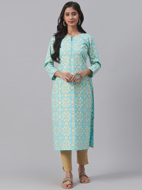 

AHIKA Women Blue & Cream-Coloured Printed Straight Kurta