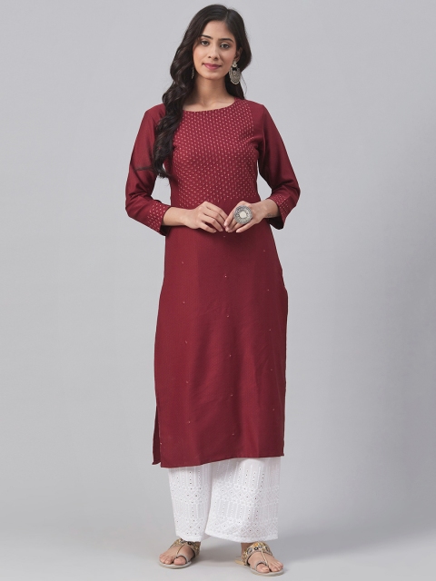 

AHIKA Women Maroon & Golden Embroidered Straight Kurta