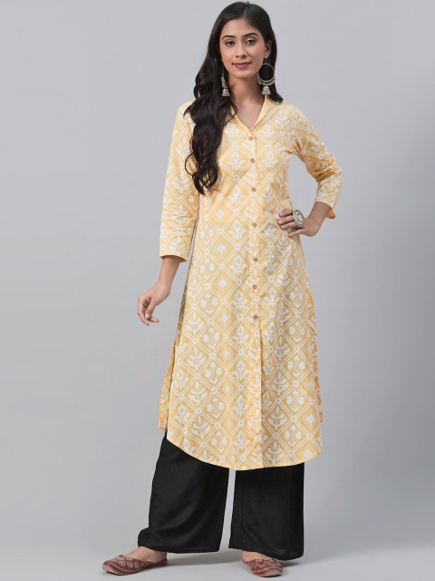 

AHIKA Women Yellow & White Ethnic Print A-Line Kurta