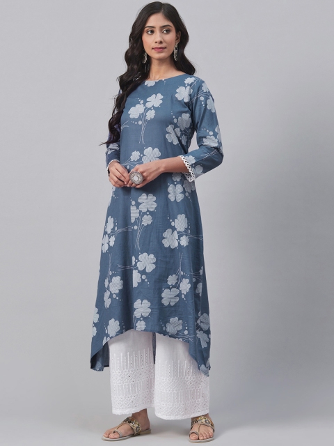 AHIKA Women Blue & White Floral Print High-Low A-Line Kurta