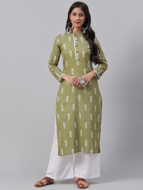 

AHIKA Women Green & Off-White Printed Straight Kurta
