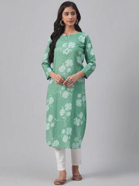 

AHIKA Women Sea Green & White Floral Print Straight Kurta