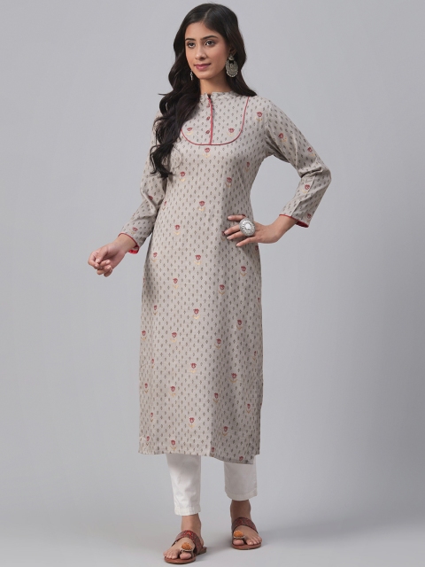 

AHIKA Women Grey & Red Printed Straight Kurta