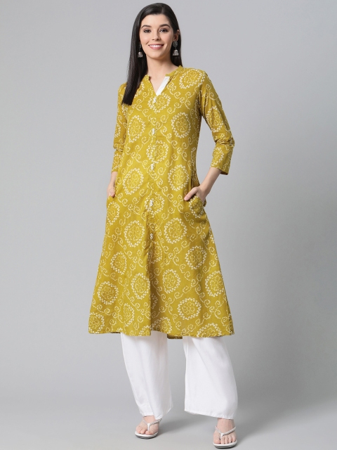 

AHIKA Women Mustard Yellow & Off-White Bandhani Print A-Line Kurta
