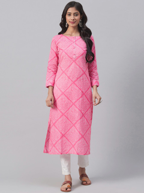 

AHIKA Women Pink & White Bandhani Print Straight Kurta