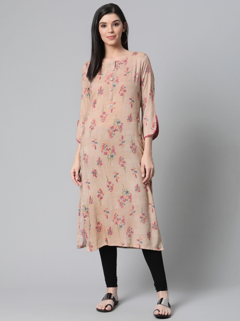 

AHIKA Women Beige & Pink Floral Print Straight Kurta