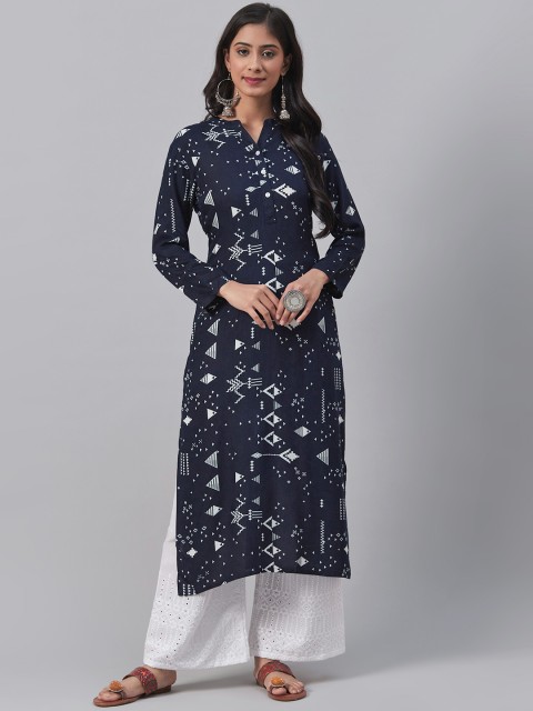 

AHIKA Women Navy Blue & White Printed Straight Kurta