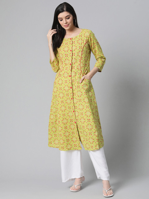 

AHIKA Women Lime Green & Red Floral Print A-Line Kurta