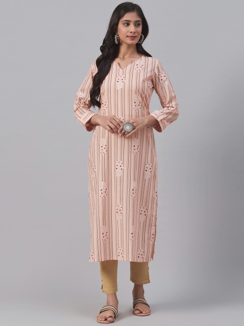 

AHIKA Women Peach-Coloured & Black Printed Straight Kurta