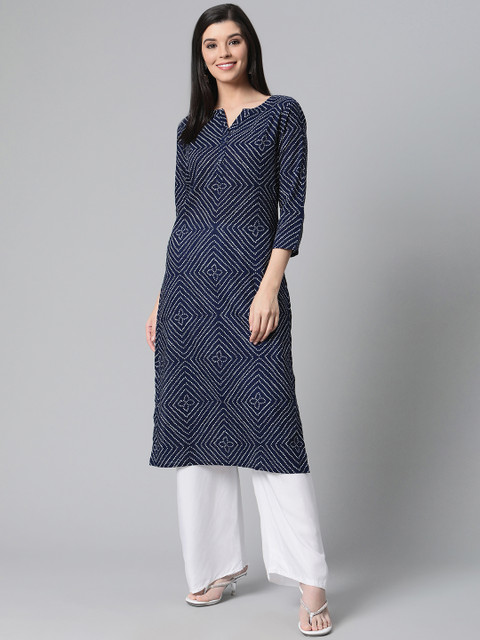 

AHIKA Women Navy Blue & Off-White Printed Straight Kurta