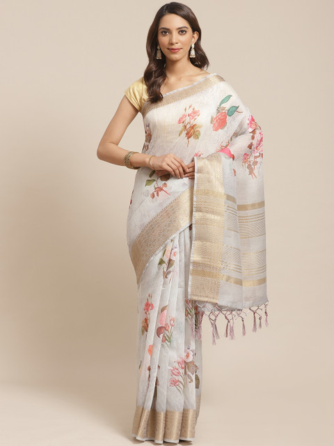 

Rajnandini Blue & Peach-Coloured Floral Print Chanderi Saree